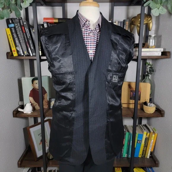 JOS A BANK Men's Flannel Sport Coat Two Button Black‎ Striped Wool Cashmere 43R